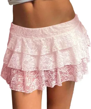 Pleated Skirt for Women Summer Casual Low Rise Lace Mesh Ruffle Hem A-Line Y2K Sexy Mini Skirts for Girls Streetwear