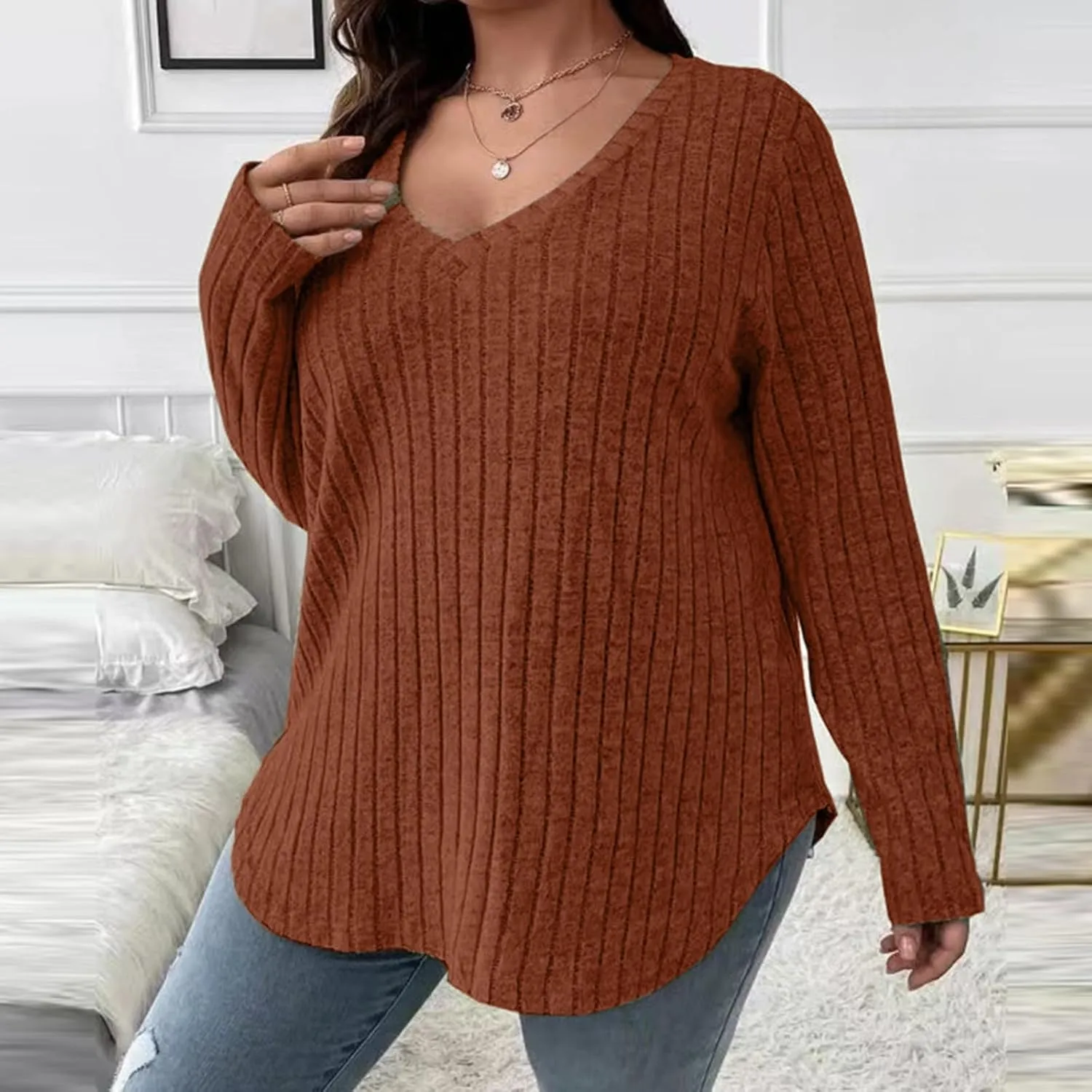 Plus Size Sweaters for Curvy Women V Neck Casual Fall Solid Color Top Lightweight Sweater Fashion 2024 Clothes