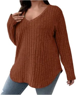 Plus Size Sweaters for Curvy Women V Neck Casual Fall Solid Color Top Lightweight Sweater Fashion 2024 Clothes