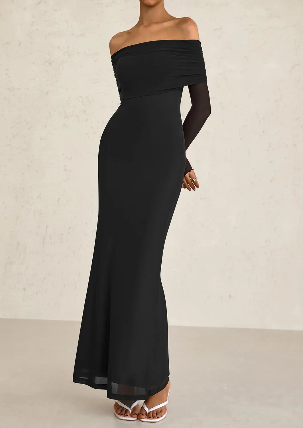 PRETTYGARDEN Long Sleeve Formal Dress for Women Summer 2025 Off The Shoulder Mesh Baby Shower Wedding Guest Dresses