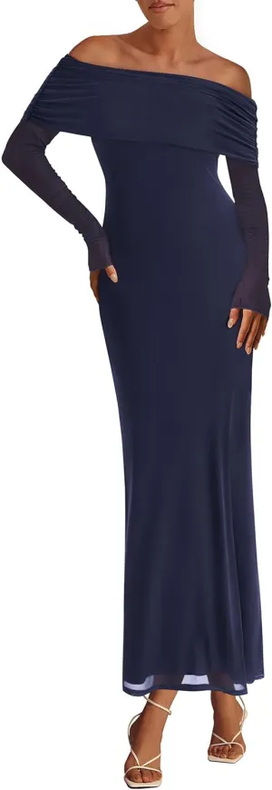 PRETTYGARDEN Long Sleeve Formal Dress for Women Summer 2025 Off The Shoulder Mesh Baby Shower Wedding Guest Dresses