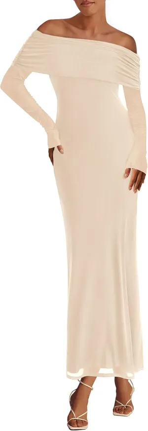 PRETTYGARDEN Long Sleeve Formal Dress for Women Summer 2025 Off The Shoulder Mesh Baby Shower Wedding Guest Dresses