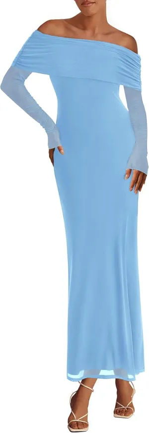 PRETTYGARDEN Long Sleeve Formal Dress for Women Summer 2025 Off The Shoulder Mesh Baby Shower Wedding Guest Dresses