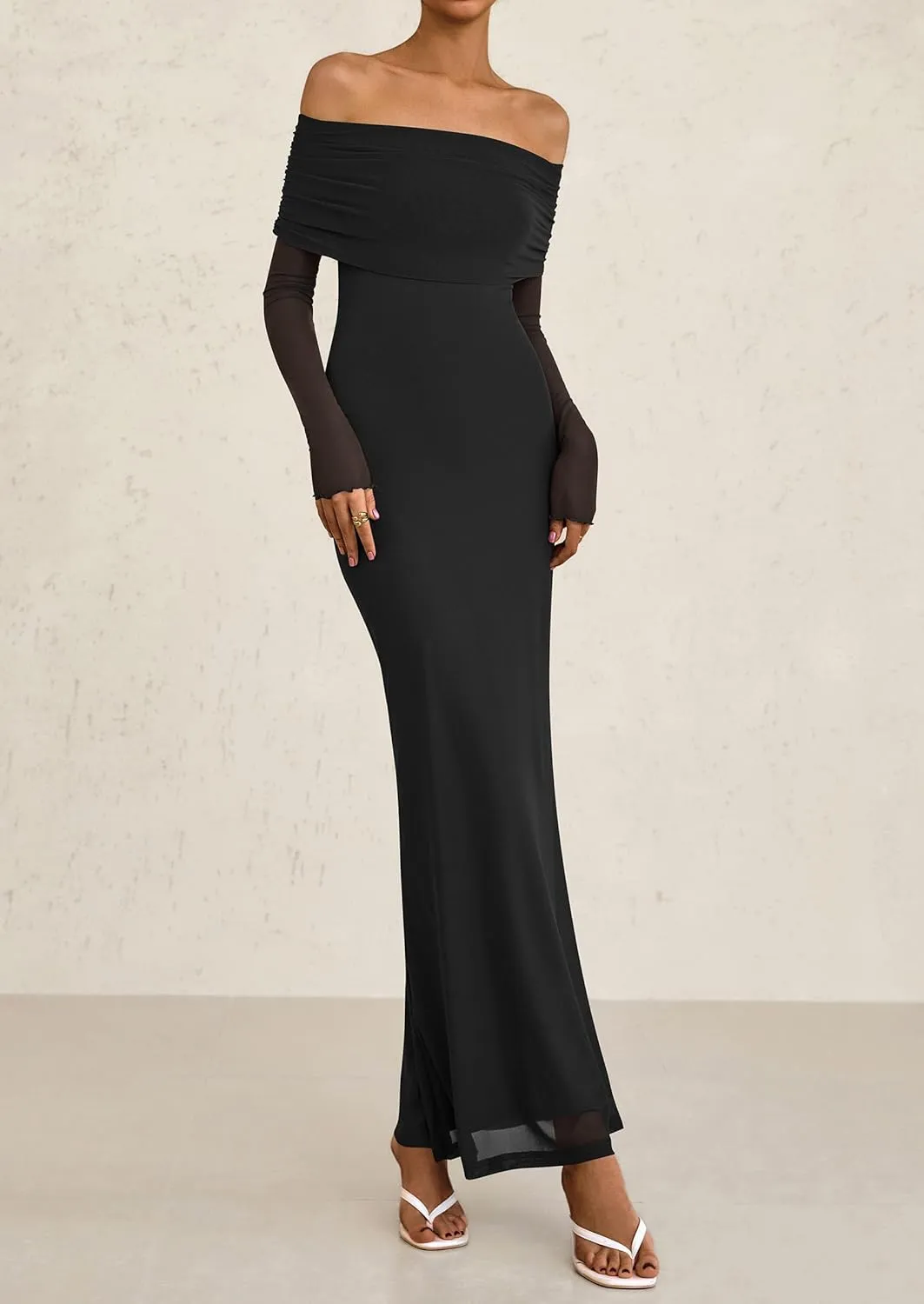 PRETTYGARDEN Long Sleeve Formal Dress for Women Summer 2025 Off The Shoulder Mesh Baby Shower Wedding Guest Dresses