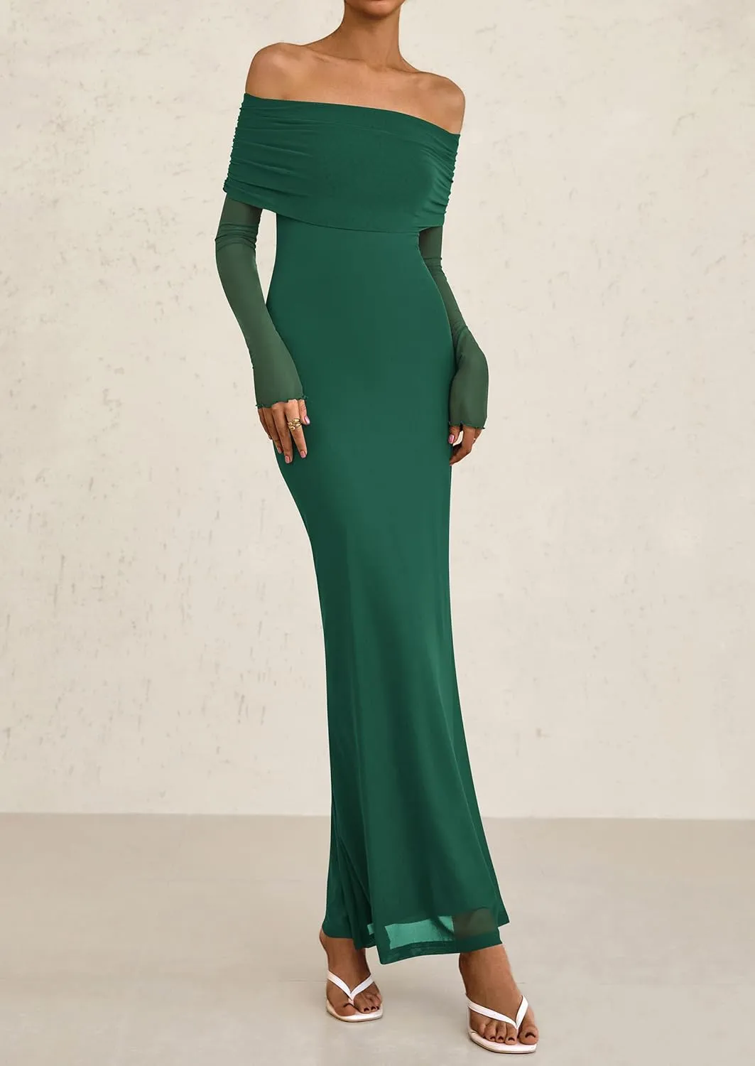 PRETTYGARDEN Long Sleeve Formal Dress for Women Summer 2025 Off The Shoulder Mesh Baby Shower Wedding Guest Dresses