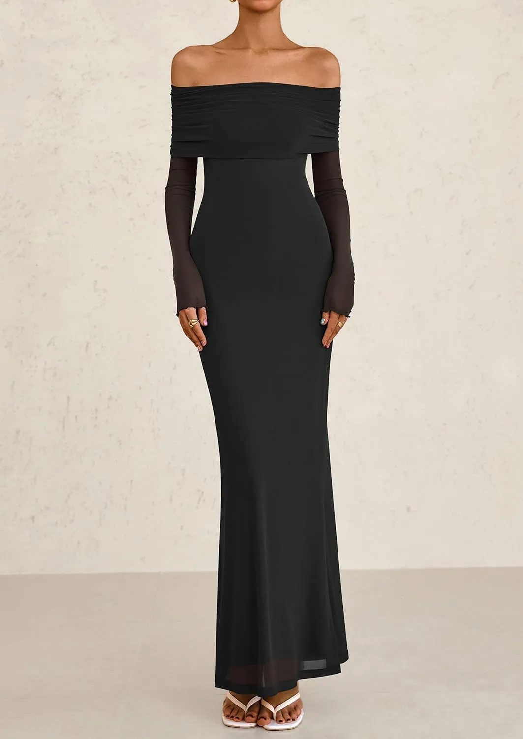 PRETTYGARDEN Long Sleeve Formal Dress for Women Summer 2025 Off The Shoulder Mesh Baby Shower Wedding Guest Dresses