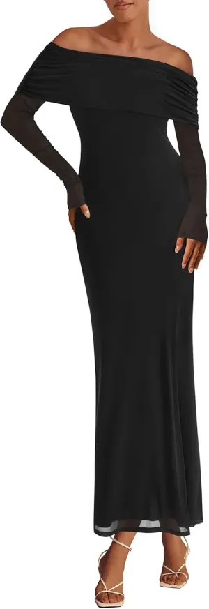 PRETTYGARDEN Long Sleeve Formal Dress for Women Summer 2025 Off The Shoulder Mesh Baby Shower Wedding Guest Dresses