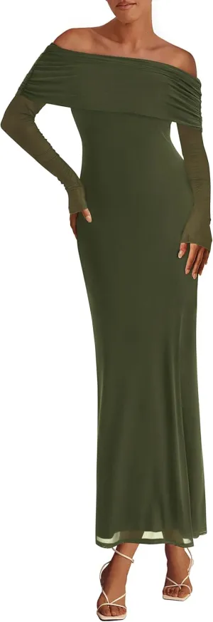 PRETTYGARDEN Long Sleeve Formal Dress for Women Summer 2025 Off The Shoulder Mesh Baby Shower Wedding Guest Dresses