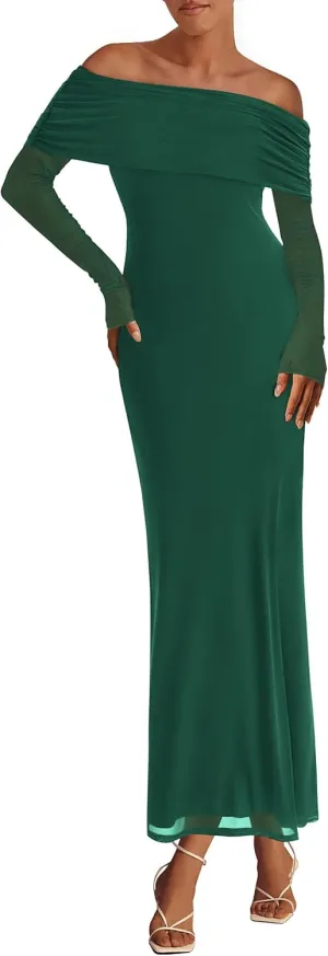 PRETTYGARDEN Long Sleeve Formal Dress for Women Summer 2025 Off The Shoulder Mesh Baby Shower Wedding Guest Dresses