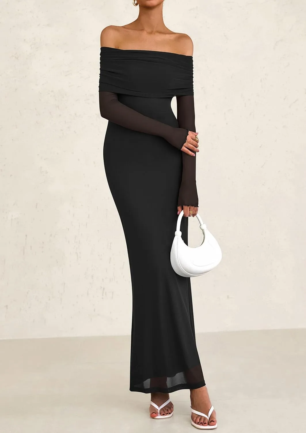 PRETTYGARDEN Long Sleeve Formal Dress for Women Summer 2025 Off The Shoulder Mesh Baby Shower Wedding Guest Dresses