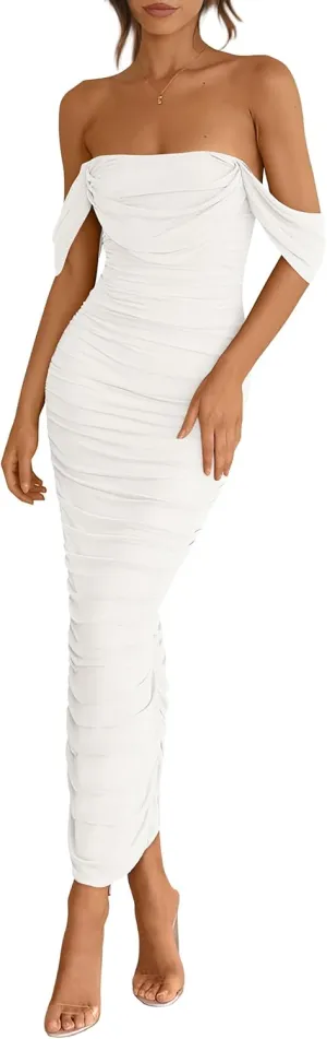 PRETTYGARDEN Womens 2025 Summer Off The Shoulder Dress Ruched Bodycon Sleeveless Split Cocktail Party Maxi Dresses