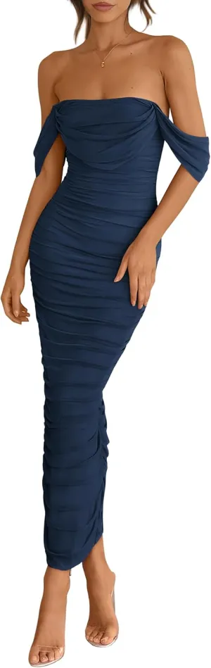 PRETTYGARDEN Womens 2025 Summer Off The Shoulder Dress Ruched Bodycon Sleeveless Split Cocktail Party Maxi Dresses