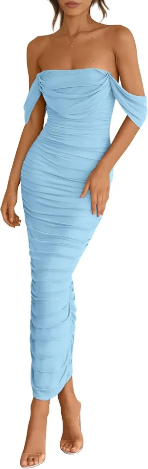 PRETTYGARDEN Womens 2025 Summer Off The Shoulder Dress Ruched Bodycon Sleeveless Split Cocktail Party Maxi Dresses