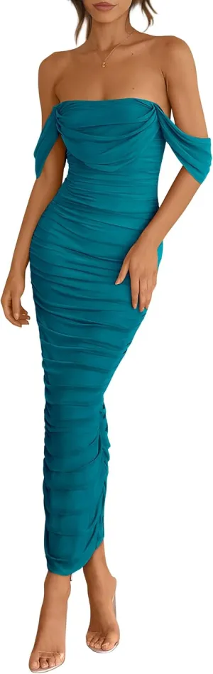 PRETTYGARDEN Womens 2025 Summer Off The Shoulder Dress Ruched Bodycon Sleeveless Split Cocktail Party Maxi Dresses