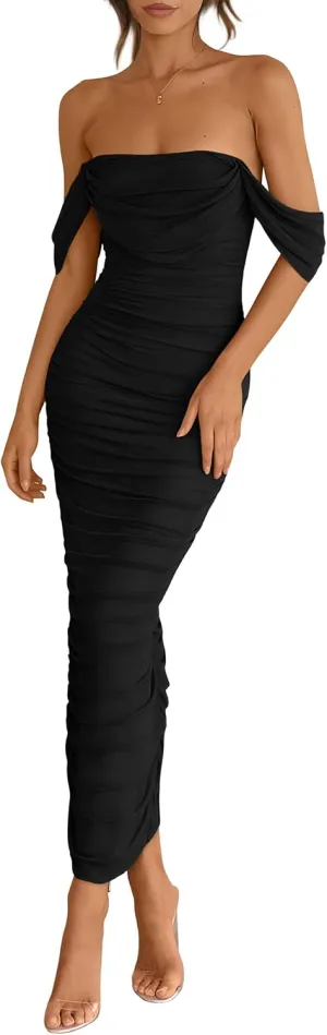 PRETTYGARDEN Womens 2025 Summer Off The Shoulder Dress Ruched Bodycon Sleeveless Split Cocktail Party Maxi Dresses