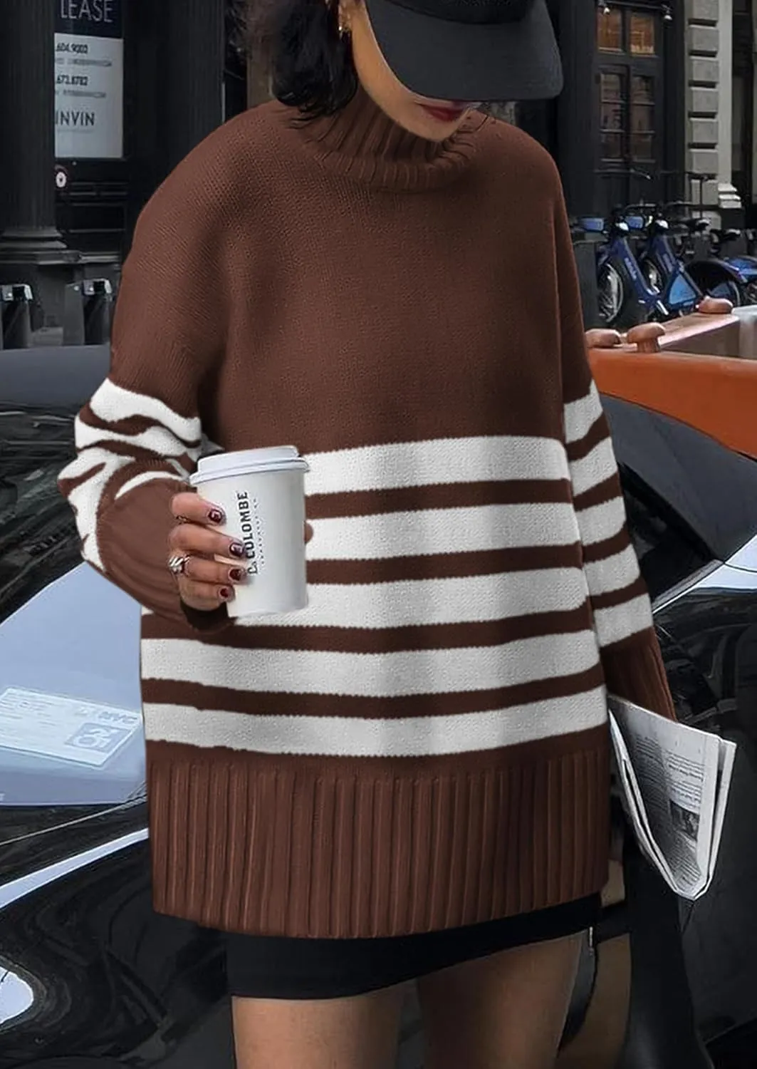 PRETTYGARDEN Women's Oversized Striped Sweaters Fall Casual Long Sleeve Turtleneck Pullover Chunky Knit Jumper Tops
