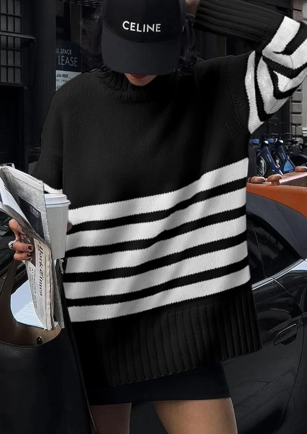 PRETTYGARDEN Women's Oversized Striped Sweaters Fall Casual Long Sleeve Turtleneck Pullover Chunky Knit Jumper Tops