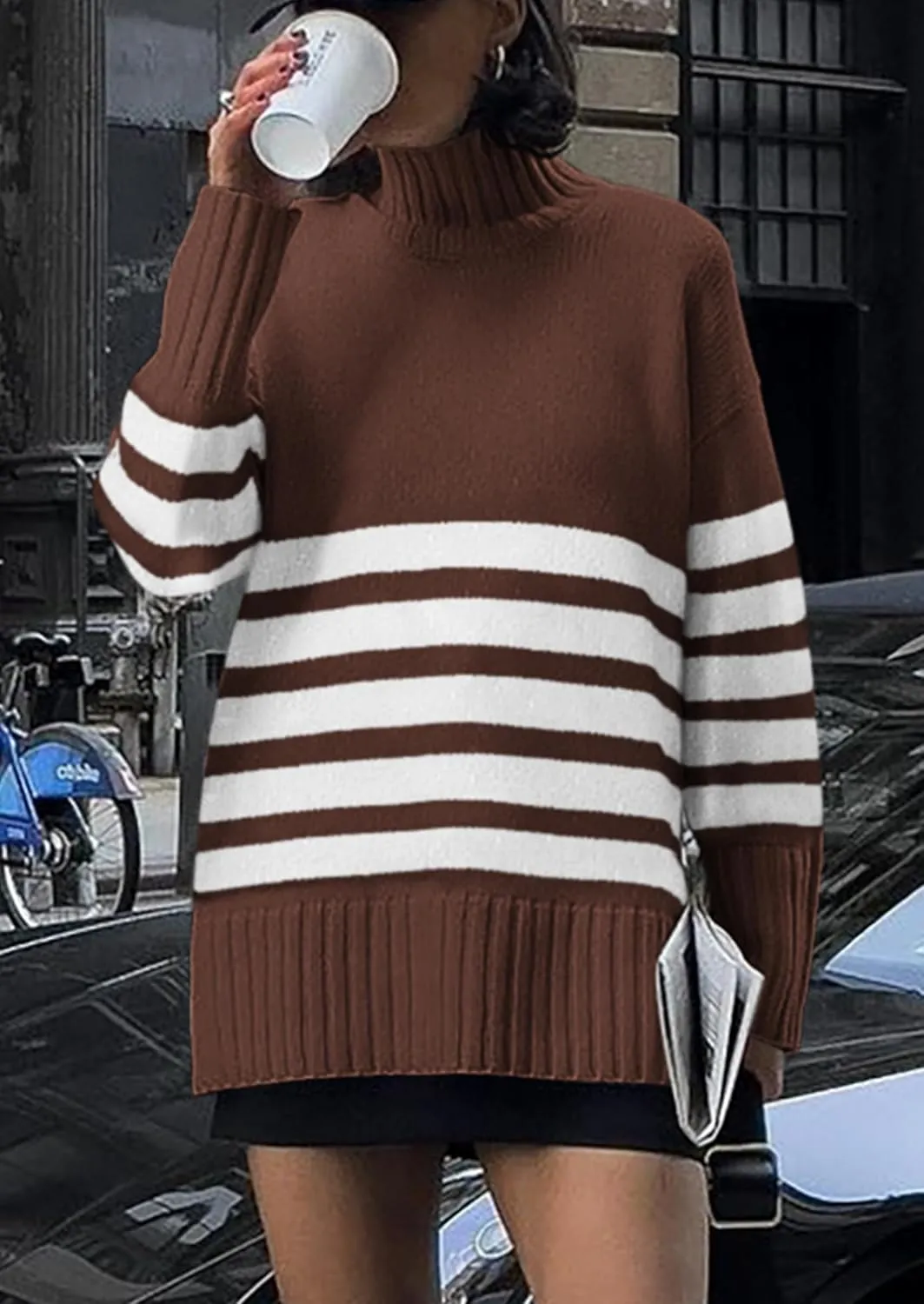 PRETTYGARDEN Women's Oversized Striped Sweaters Fall Casual Long Sleeve Turtleneck Pullover Chunky Knit Jumper Tops