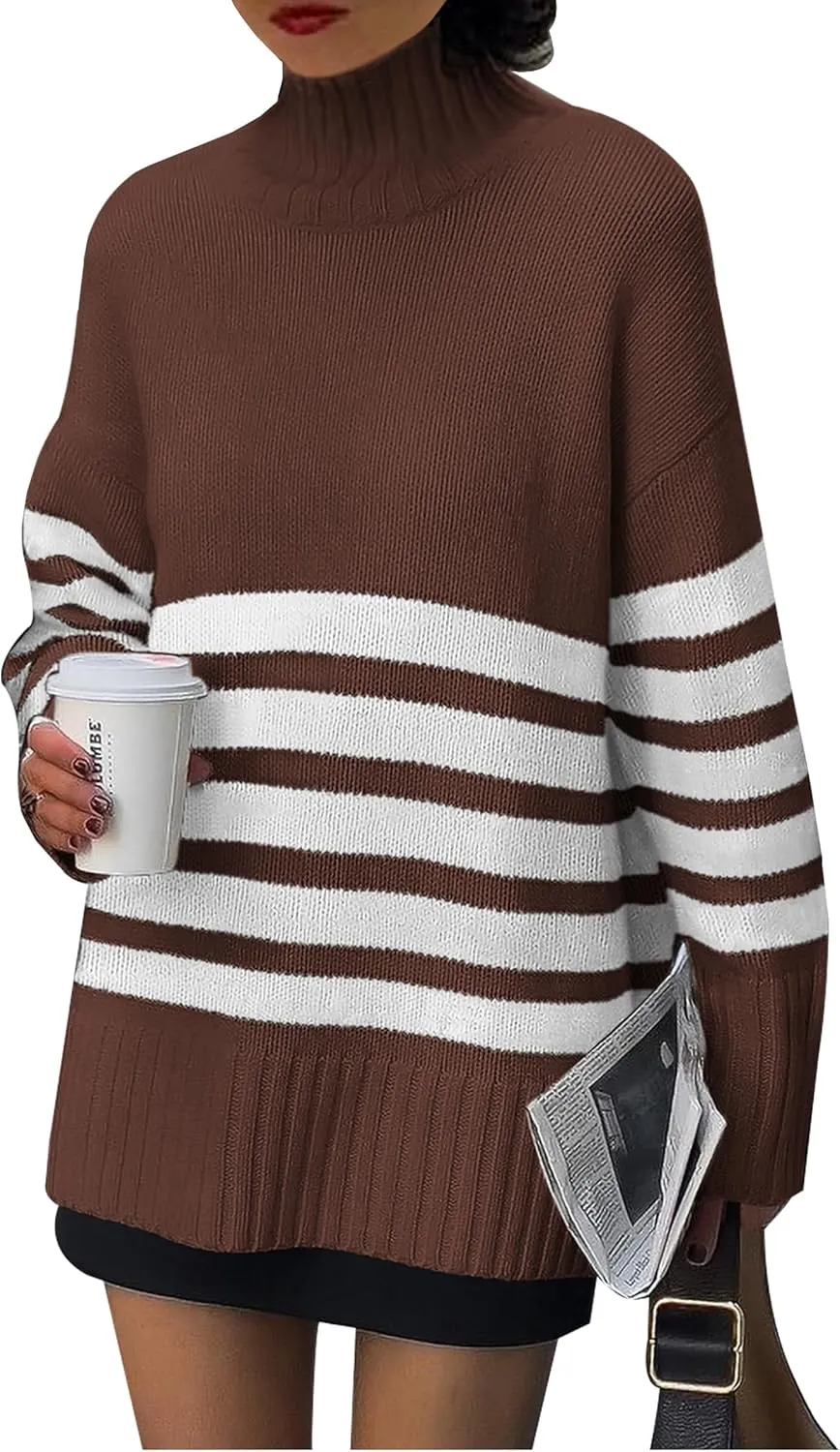 PRETTYGARDEN Women's Oversized Striped Sweaters Fall Casual Long Sleeve Turtleneck Pullover Chunky Knit Jumper Tops