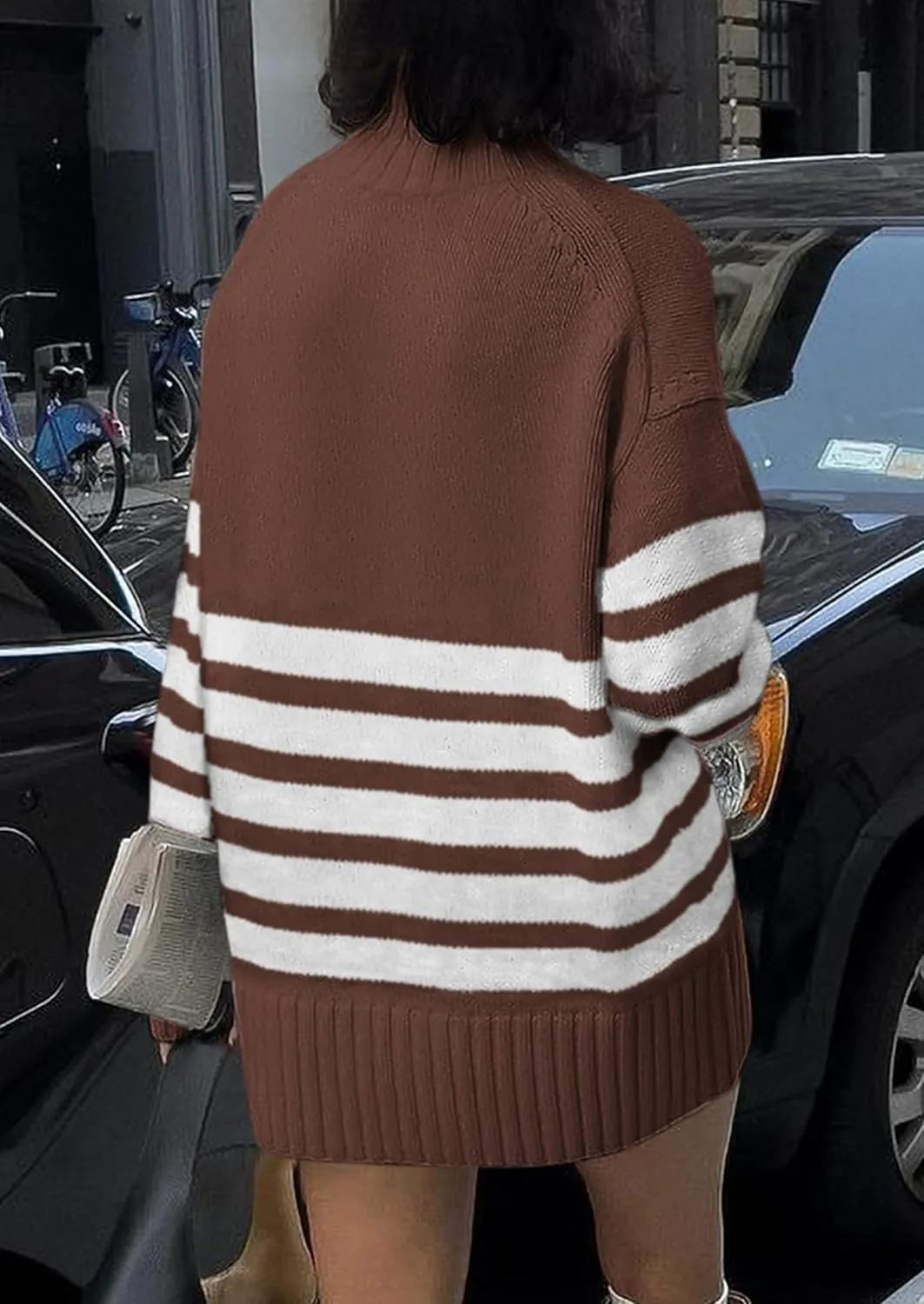 PRETTYGARDEN Women's Oversized Striped Sweaters Fall Casual Long Sleeve Turtleneck Pullover Chunky Knit Jumper Tops