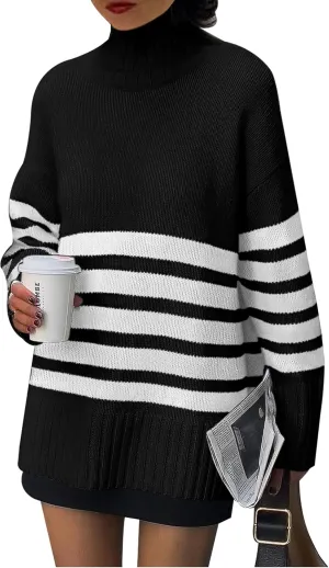 PRETTYGARDEN Women's Oversized Striped Sweaters Fall Casual Long Sleeve Turtleneck Pullover Chunky Knit Jumper Tops