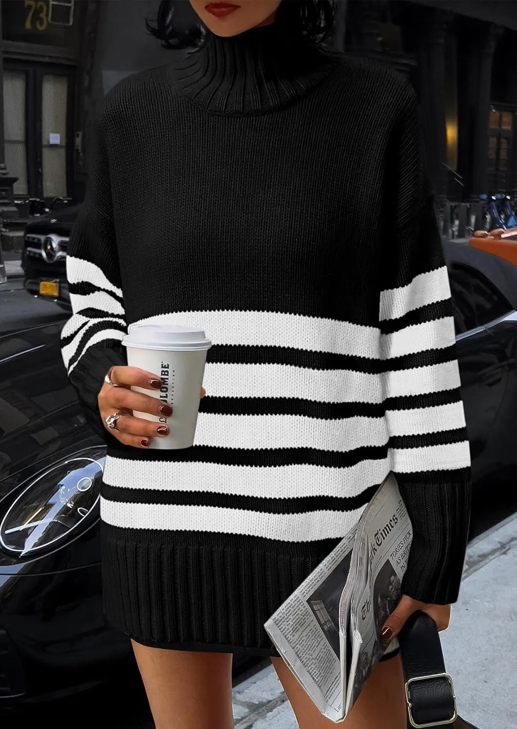 PRETTYGARDEN Women's Oversized Striped Sweaters Fall Casual Long Sleeve Turtleneck Pullover Chunky Knit Jumper Tops