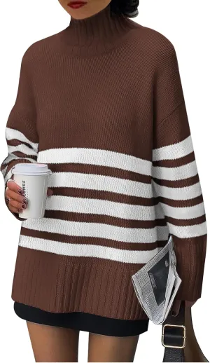 PRETTYGARDEN Women's Oversized Striped Sweaters Fall Casual Long Sleeve Turtleneck Pullover Chunky Knit Jumper Tops