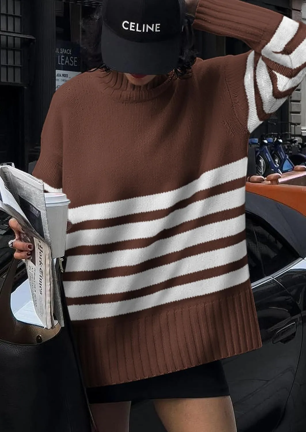 PRETTYGARDEN Women's Oversized Striped Sweaters Fall Casual Long Sleeve Turtleneck Pullover Chunky Knit Jumper Tops
