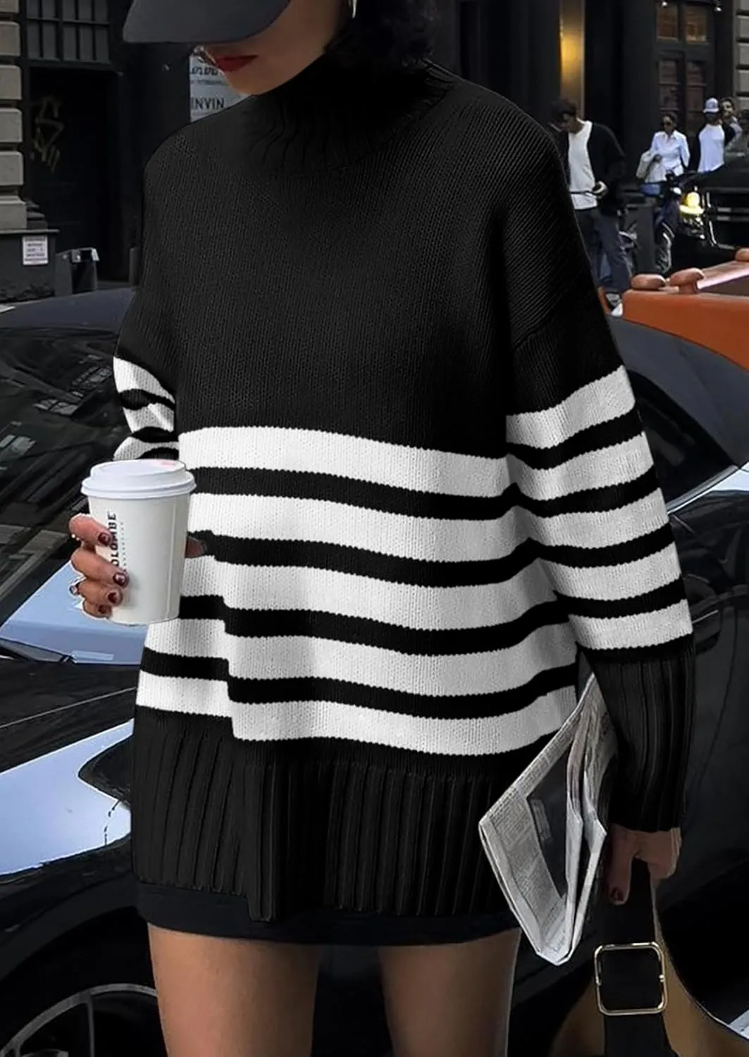 PRETTYGARDEN Women's Oversized Striped Sweaters Fall Casual Long Sleeve Turtleneck Pullover Chunky Knit Jumper Tops
