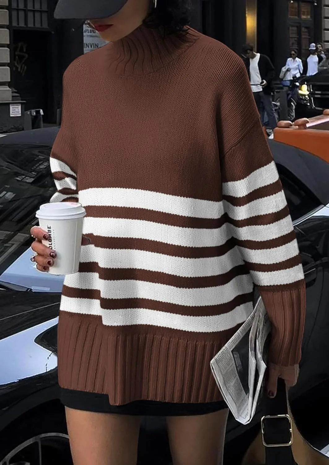 PRETTYGARDEN Women's Oversized Striped Sweaters Fall Casual Long Sleeve Turtleneck Pullover Chunky Knit Jumper Tops
