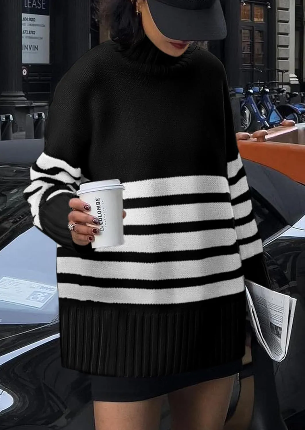 PRETTYGARDEN Women's Oversized Striped Sweaters Fall Casual Long Sleeve Turtleneck Pullover Chunky Knit Jumper Tops