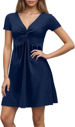 PTOLOCIF Women's Fashion Casual Short Sleeve V Neck Design Feeling Chest Knot Waist Dress Summer Outfits