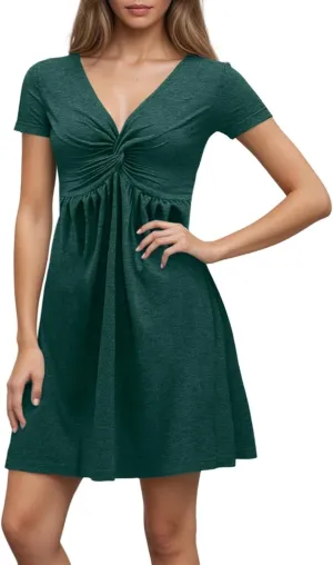 PTOLOCIF Women's Fashion Casual Short Sleeve V Neck Design Feeling Chest Knot Waist Dress Summer Outfits