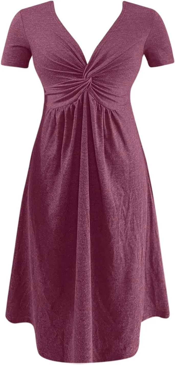 PTOLOCIF Women's Fashion Casual Short Sleeve V Neck Design Feeling Chest Knot Waist Dress Summer Outfits