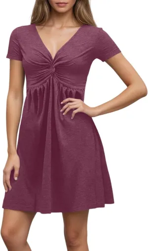 PTOLOCIF Women's Fashion Casual Short Sleeve V Neck Design Feeling Chest Knot Waist Dress Summer Outfits
