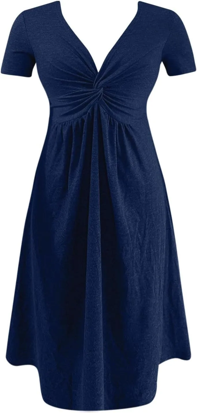 PTOLOCIF Women's Fashion Casual Short Sleeve V Neck Design Feeling Chest Knot Waist Dress Summer Outfits
