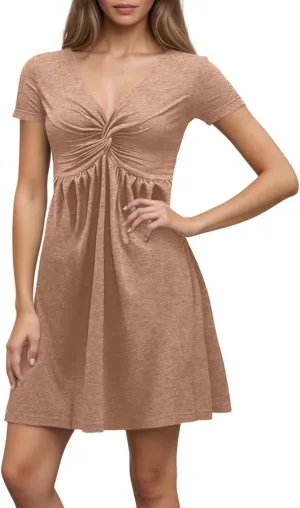 PTOLOCIF Women's Fashion Casual Short Sleeve V Neck Design Feeling Chest Knot Waist Dress Summer Outfits