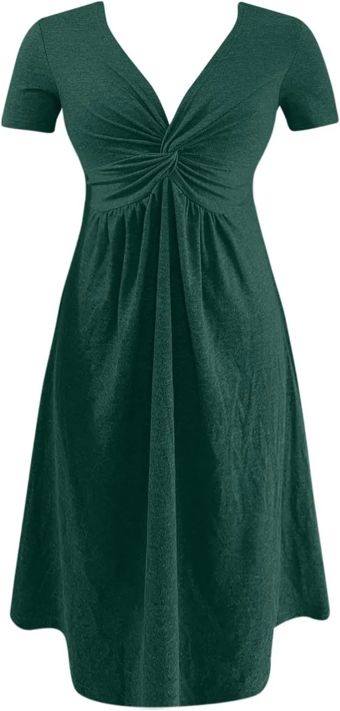 PTOLOCIF Women's Fashion Casual Short Sleeve V Neck Design Feeling Chest Knot Waist Dress Summer Outfits