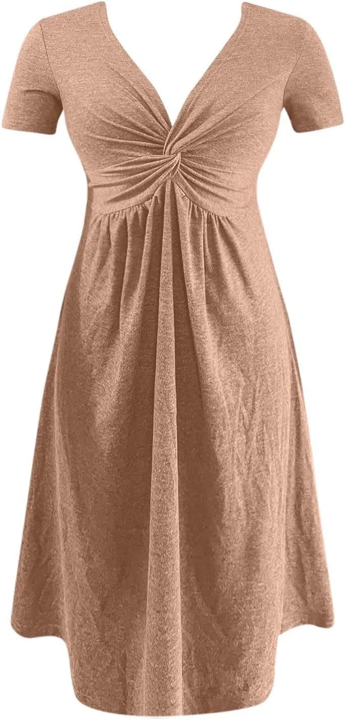 PTOLOCIF Women's Fashion Casual Short Sleeve V Neck Design Feeling Chest Knot Waist Dress Summer Outfits
