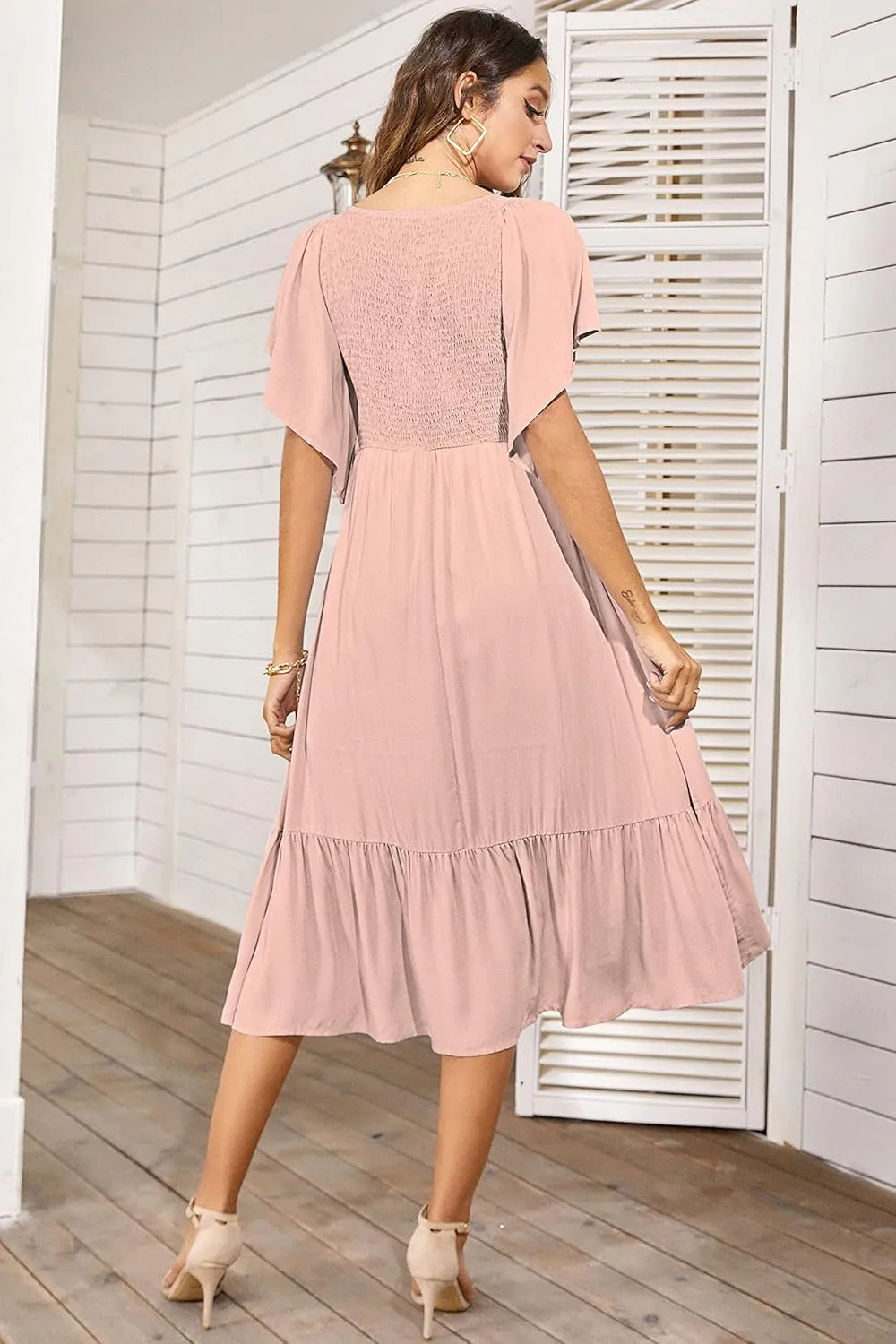 PYGFEMR Women's Summer Empire Waist Dress Smocked Flutter Short Sleeve V Neck Midi Dresses