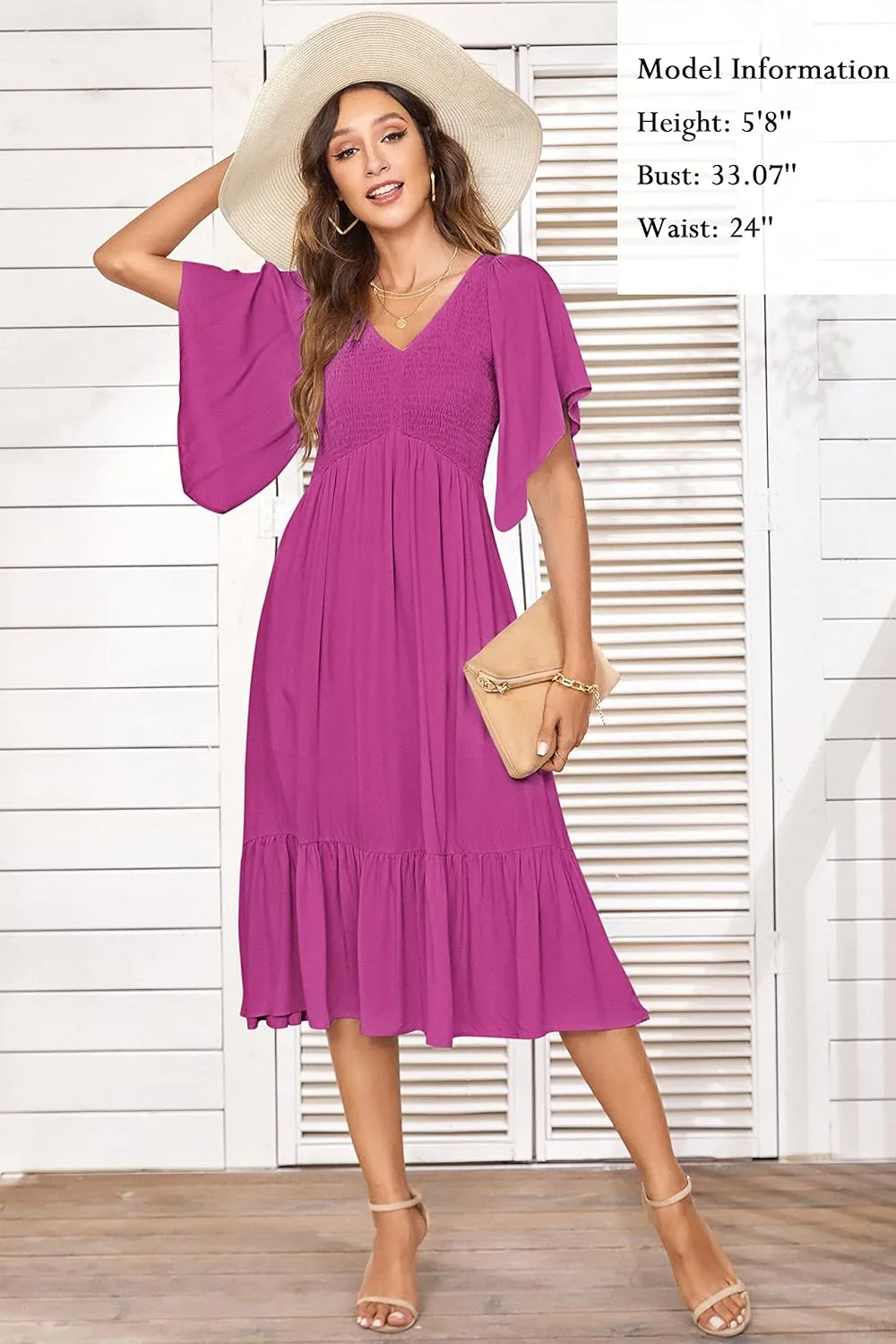 PYGFEMR Women's Summer Empire Waist Dress Smocked Flutter Short Sleeve V Neck Midi Dresses