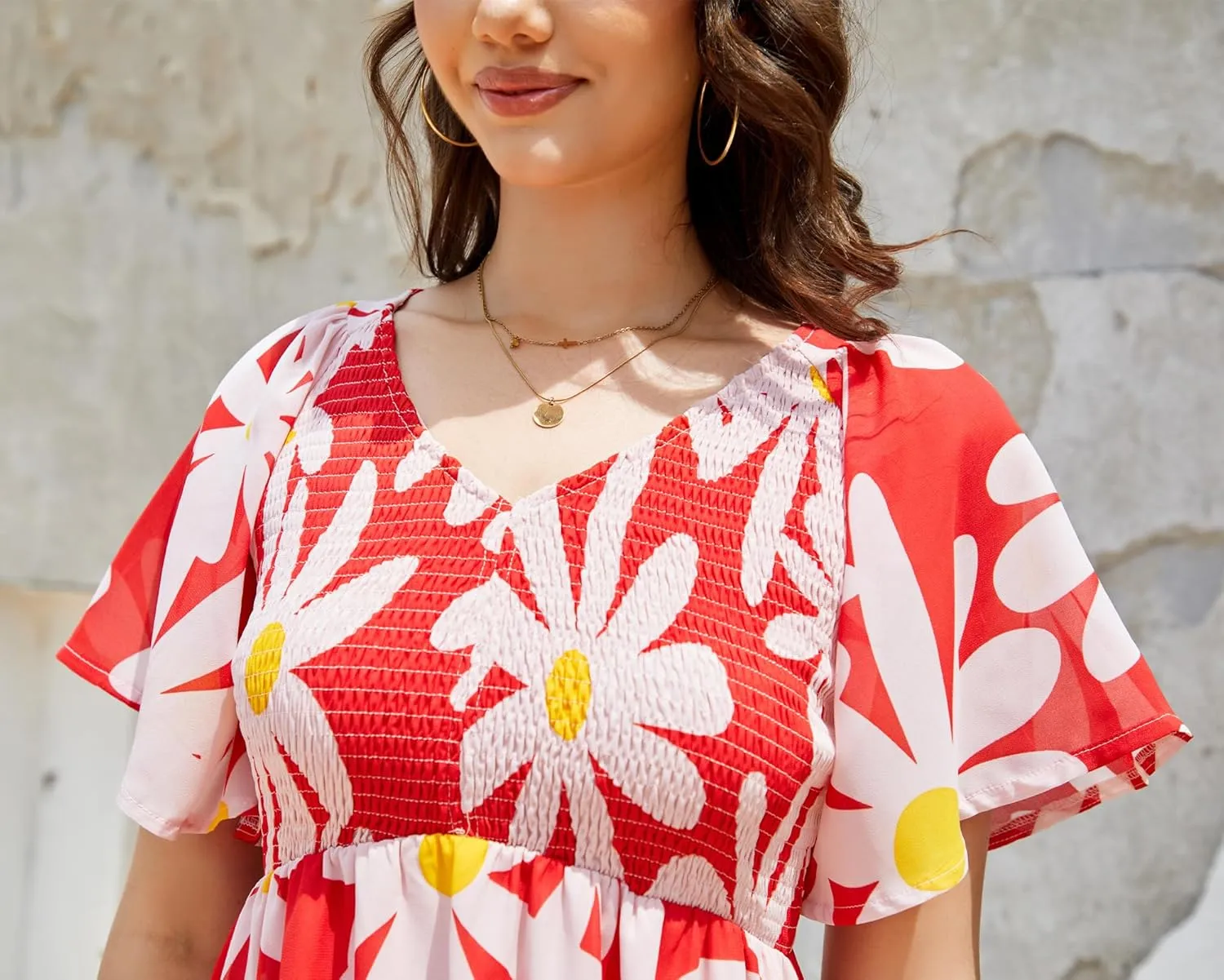 PYGFEMR Women's Summer Empire Waist Dress Smocked Flutter Short Sleeve V Neck Midi Dresses