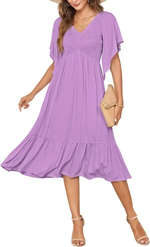 PYGFEMR Women's Summer Empire Waist Dress Smocked Flutter Short Sleeve V Neck Midi Dresses