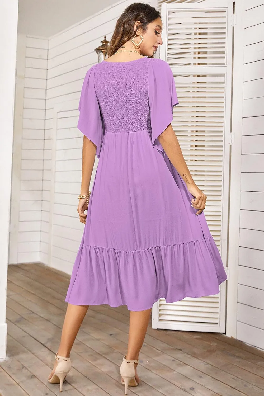 PYGFEMR Women's Summer Empire Waist Dress Smocked Flutter Short Sleeve V Neck Midi Dresses