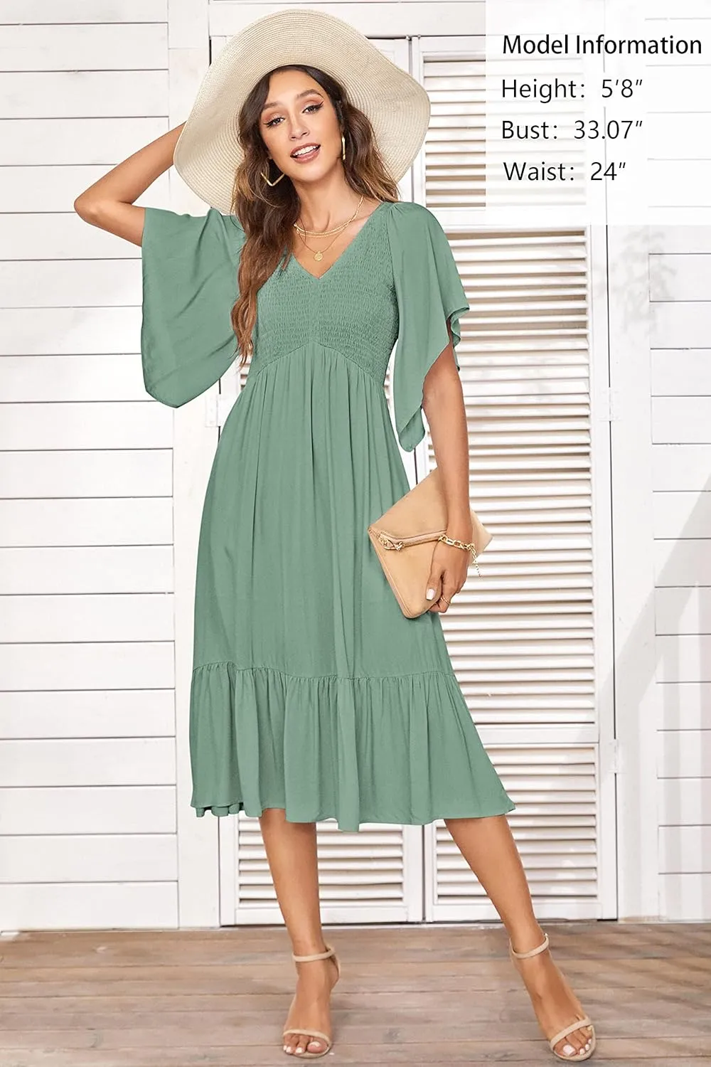 PYGFEMR Women's Summer Empire Waist Dress Smocked Flutter Short Sleeve V Neck Midi Dresses