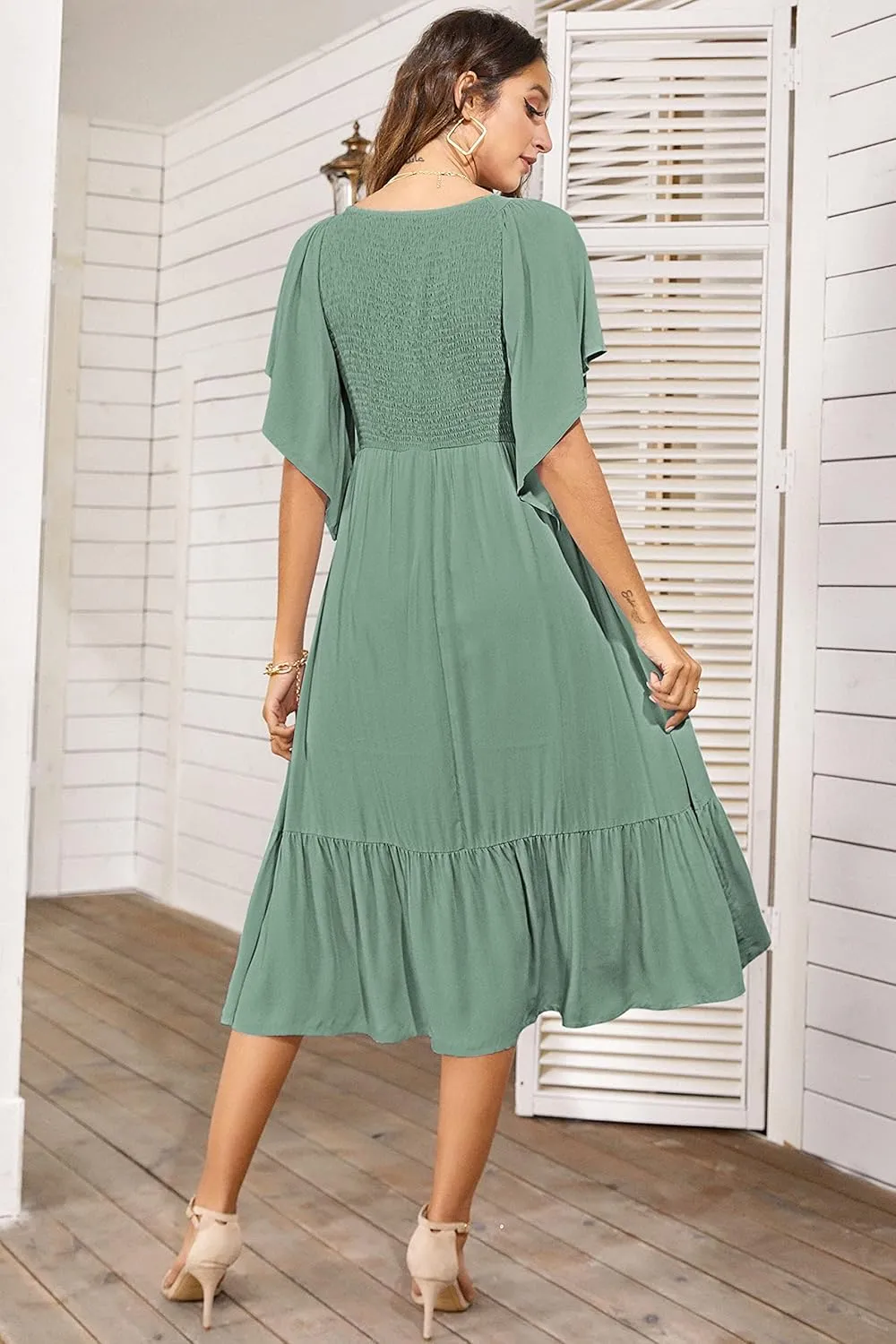 PYGFEMR Women's Summer Empire Waist Dress Smocked Flutter Short Sleeve V Neck Midi Dresses