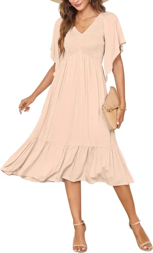 PYGFEMR Women's Summer Empire Waist Dress Smocked Flutter Short Sleeve V Neck Midi Dresses