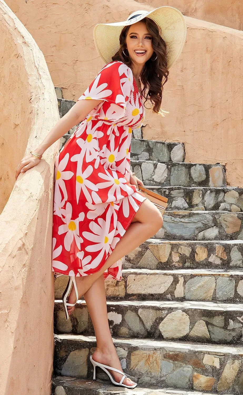 PYGFEMR Women's Summer Empire Waist Dress Smocked Flutter Short Sleeve V Neck Midi Dresses
