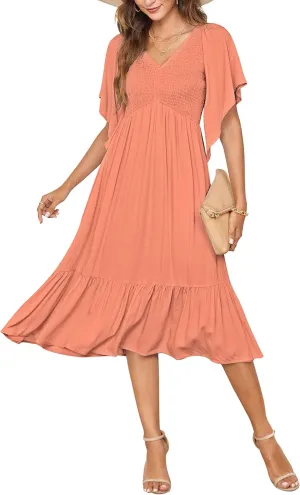 PYGFEMR Women's Summer Empire Waist Dress Smocked Flutter Short Sleeve V Neck Midi Dresses