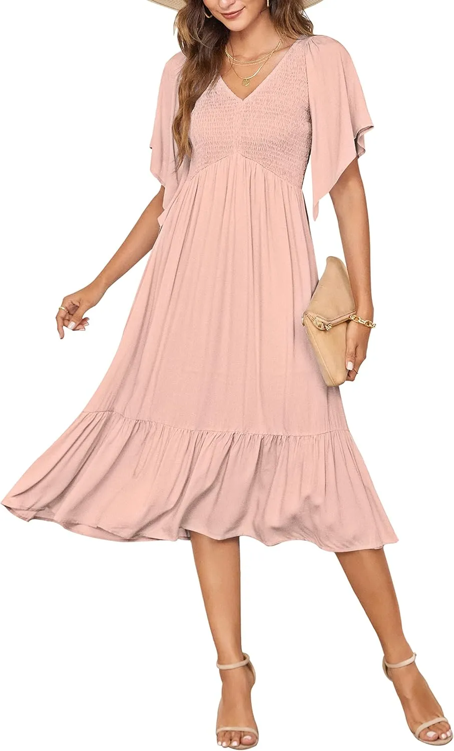 PYGFEMR Women's Summer Empire Waist Dress Smocked Flutter Short Sleeve V Neck Midi Dresses